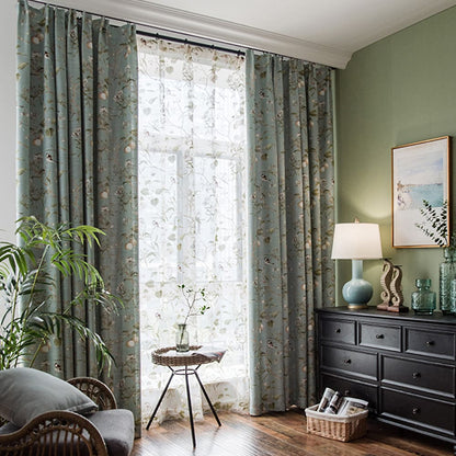 Classic Retro Blue Pinch Pleat Curtains Birds Peach Country Nature-Inspired Drapes