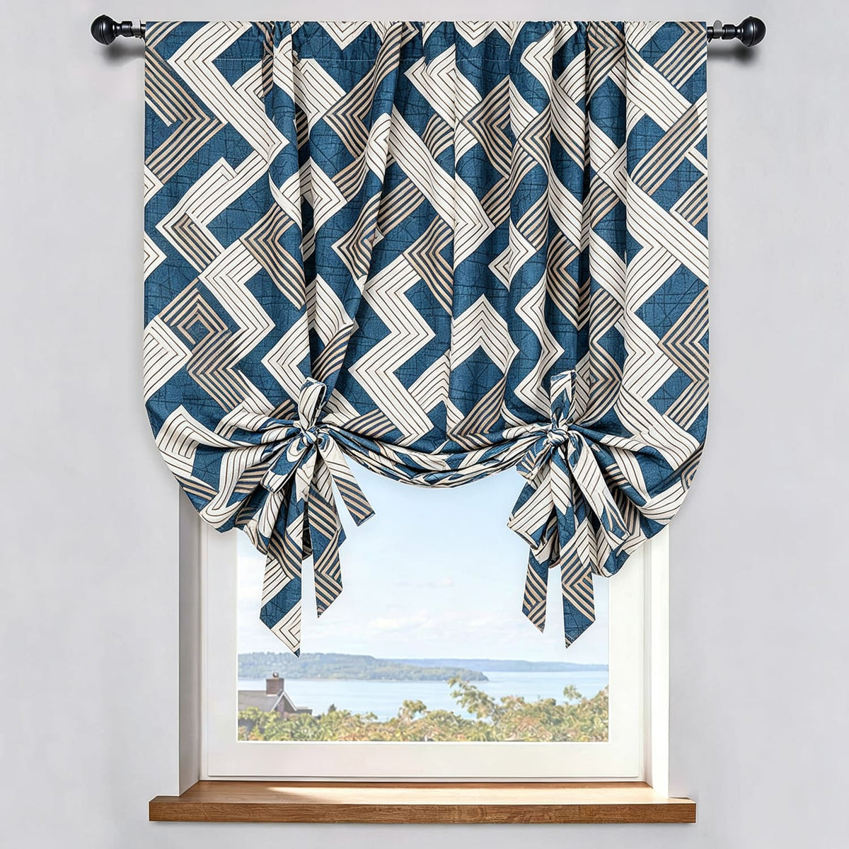 Preppy Coastal Navy White Geometric Chevron Balloon Shade Curtains