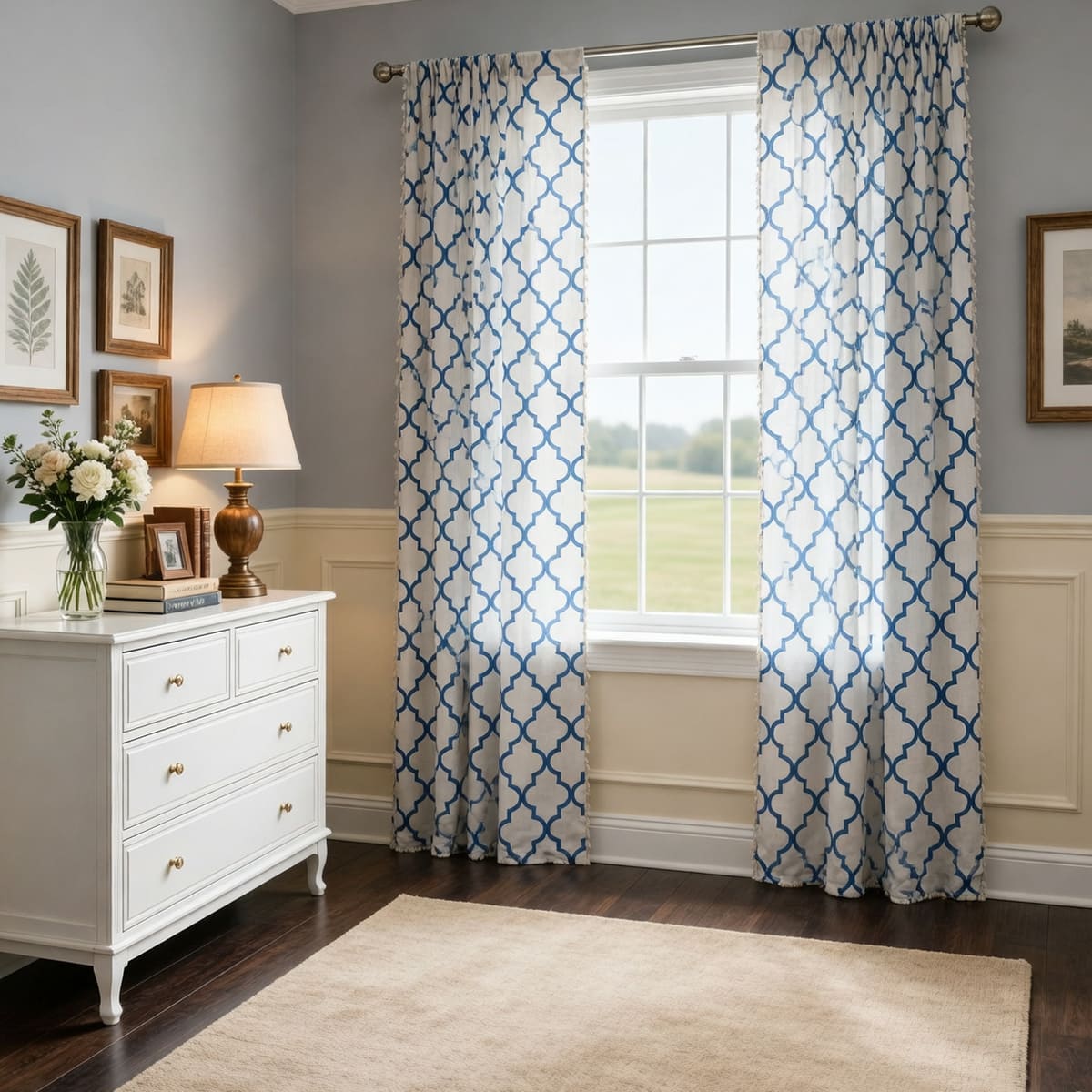 Bohemian Blue Geometric Quatrefoil Curtains with Tassels