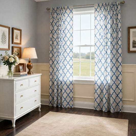 Bohemian Blue Geometric Quatrefoil Balloon Shade Curtains with Tassels