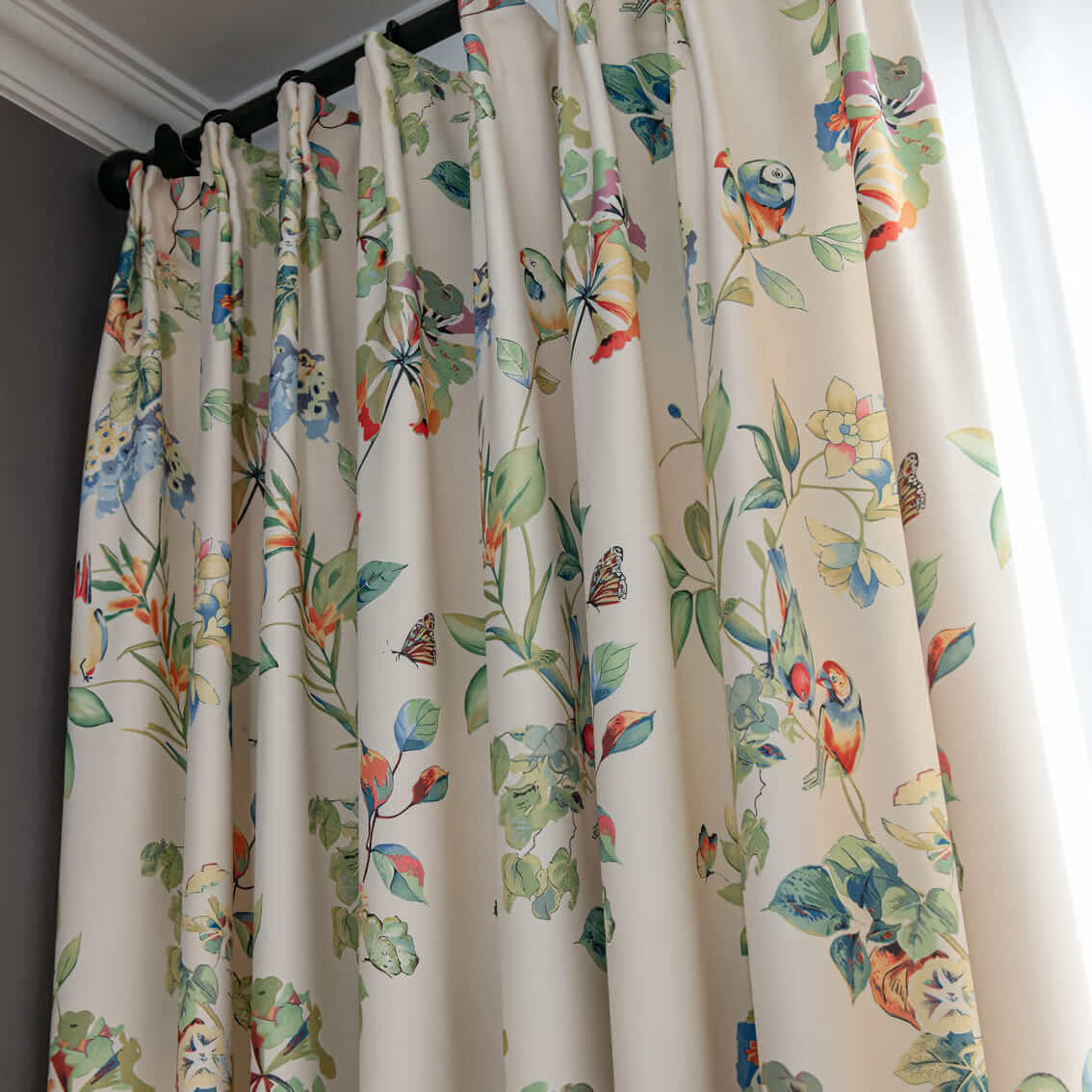Blue green parrot botanical dining room drapes and curtains for sale