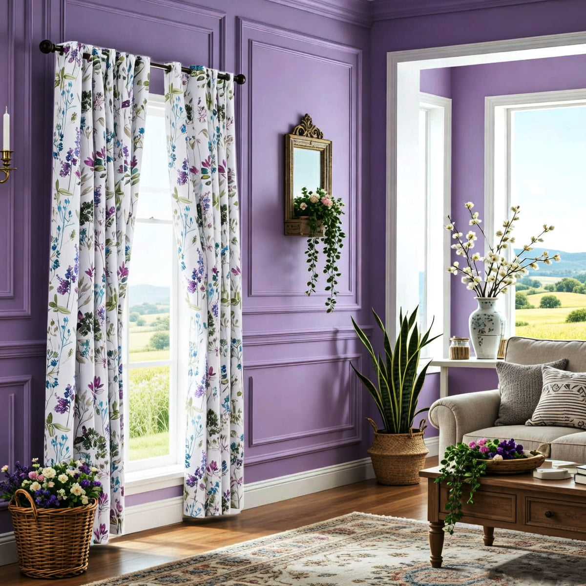 Blue/Purple/Green Leaf Curtains Blackout Rosemary and Thyme Drapes