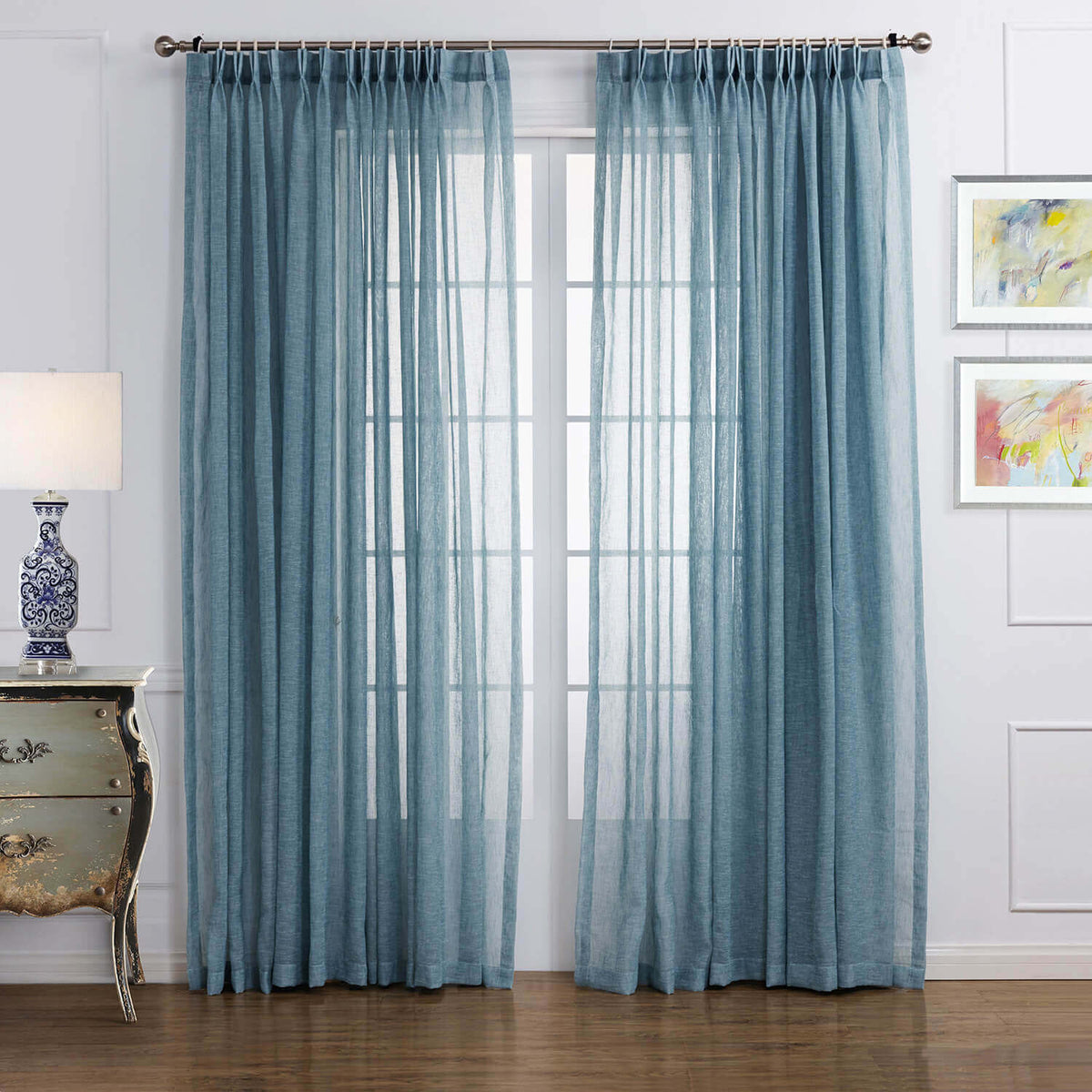 Blue Linen Sheer Curtains for Living Room