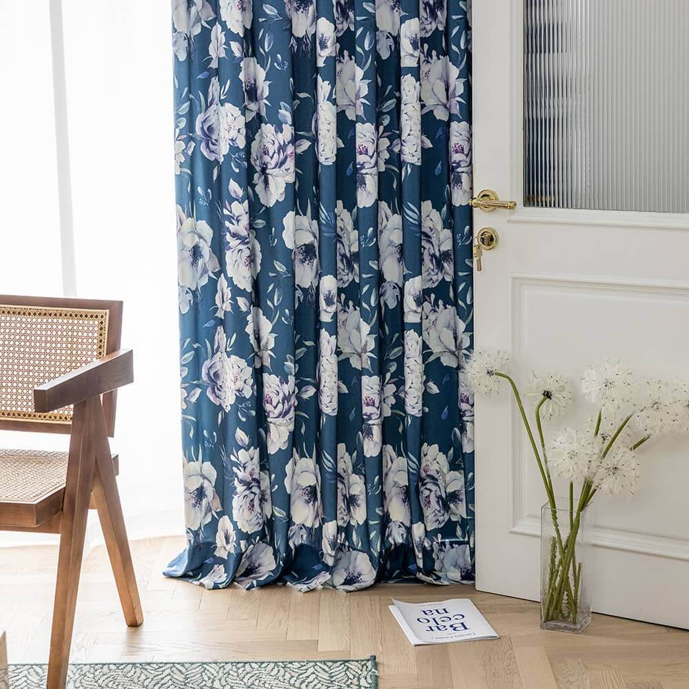 Blue oil painting peony dining room curtains elegant window treatments
