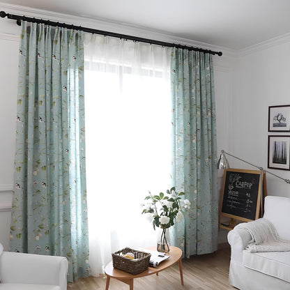 Nature-Inspired Blue Cottage White Blossom & Swallow Curtains