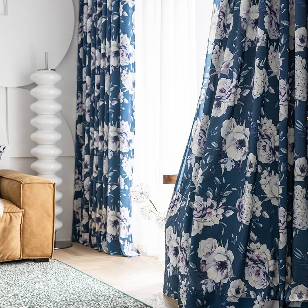 Blue peony oil painting floral curtains adding artistic charm to living room décor