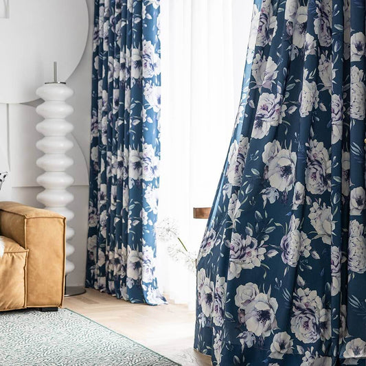 Blue peony oil painting floral curtains adding artistic charm to living room décor