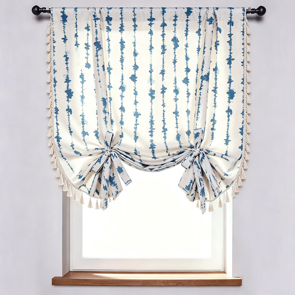 Stylish Blue Vertical Stripe Balloon Shade Curtains White Drapes with Tassels