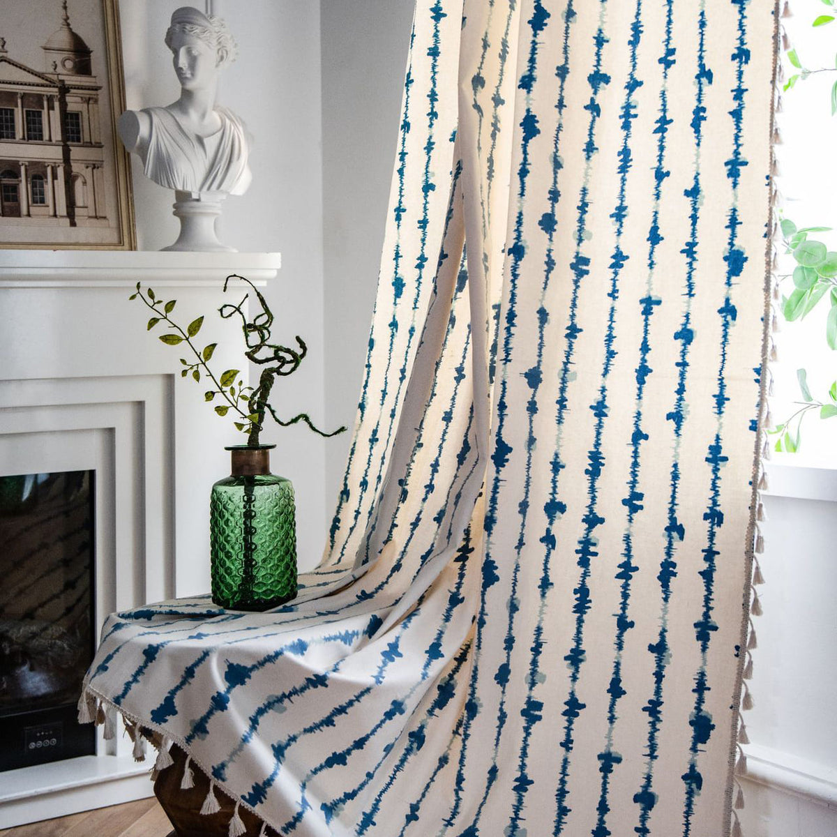 Tranquil Blue Raindrops Stripes Linen Blend Curtains