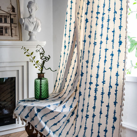 Tranquil Blue Raindrops Stripes Linen Blend Curtains
