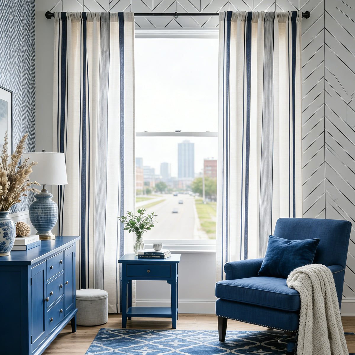 Navy Blue Stripe Curtains Natrual Linen Drapes