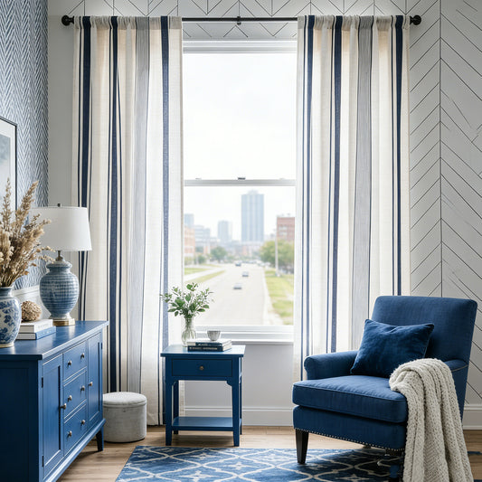 Navy Blue Stripe Curtains Natrual Linen Drapes