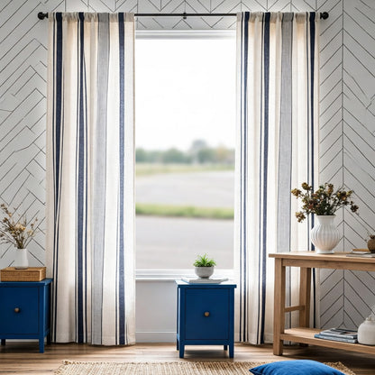 Navy Blue Stripe Curtains Natrual Linen Drapes
