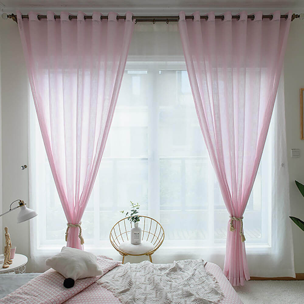 Semi-sheer blush curtain panels made with breathable gauze fabric