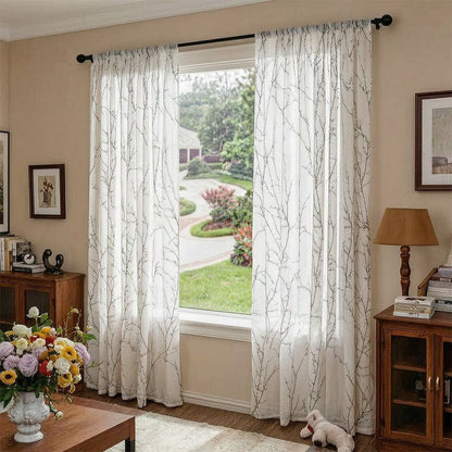 Small Plum Floral Blossom Branches Print Sheer Curtains