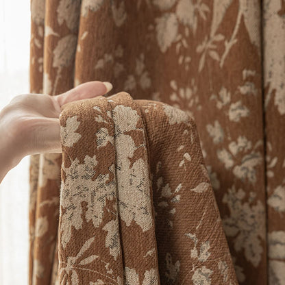 Warm Vintage Earthy Brown Floral Botanical Retro Chenille Curtains