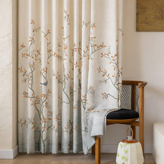 Warm Tone Linen Sheer Autumn Branch & Songbird Privacy Pinch Pleat Sheer Curtain