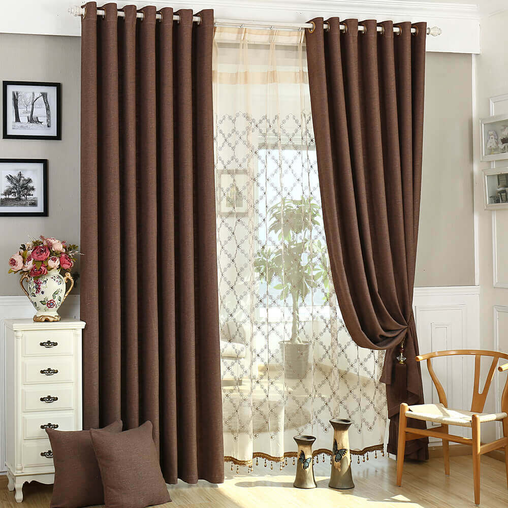 Brown linen blackout curtains for bedroom thermal insulated grommet drapes