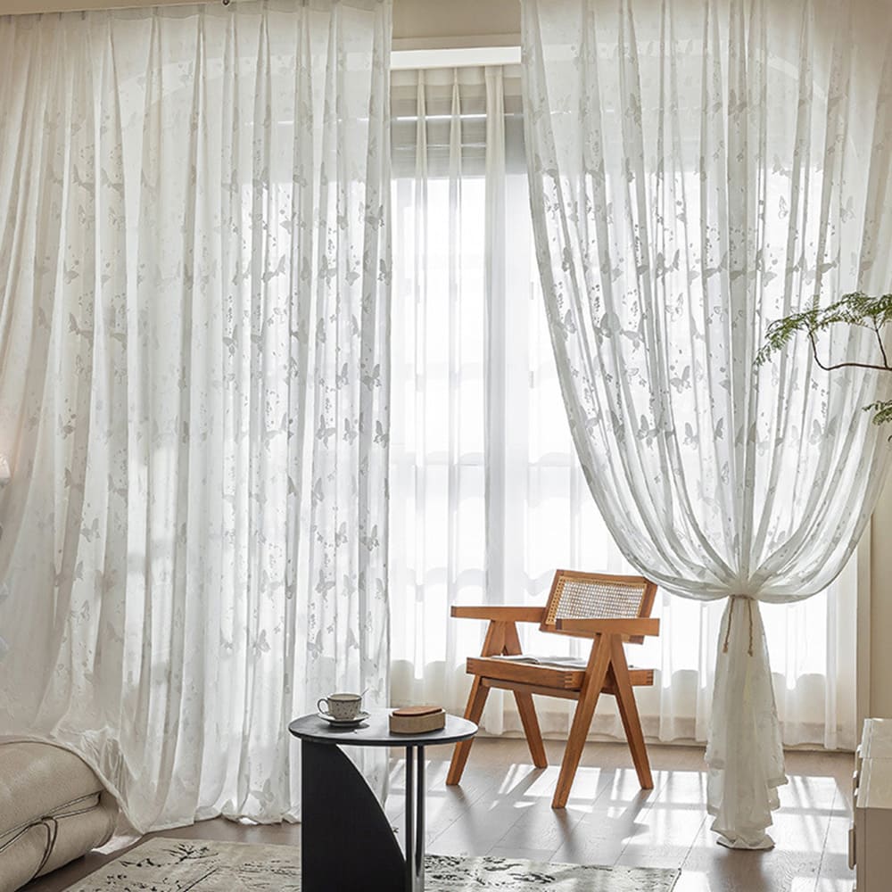3D Relief Butterfly Ethereal White Sheer Curtains Pinch Pleat Voiles