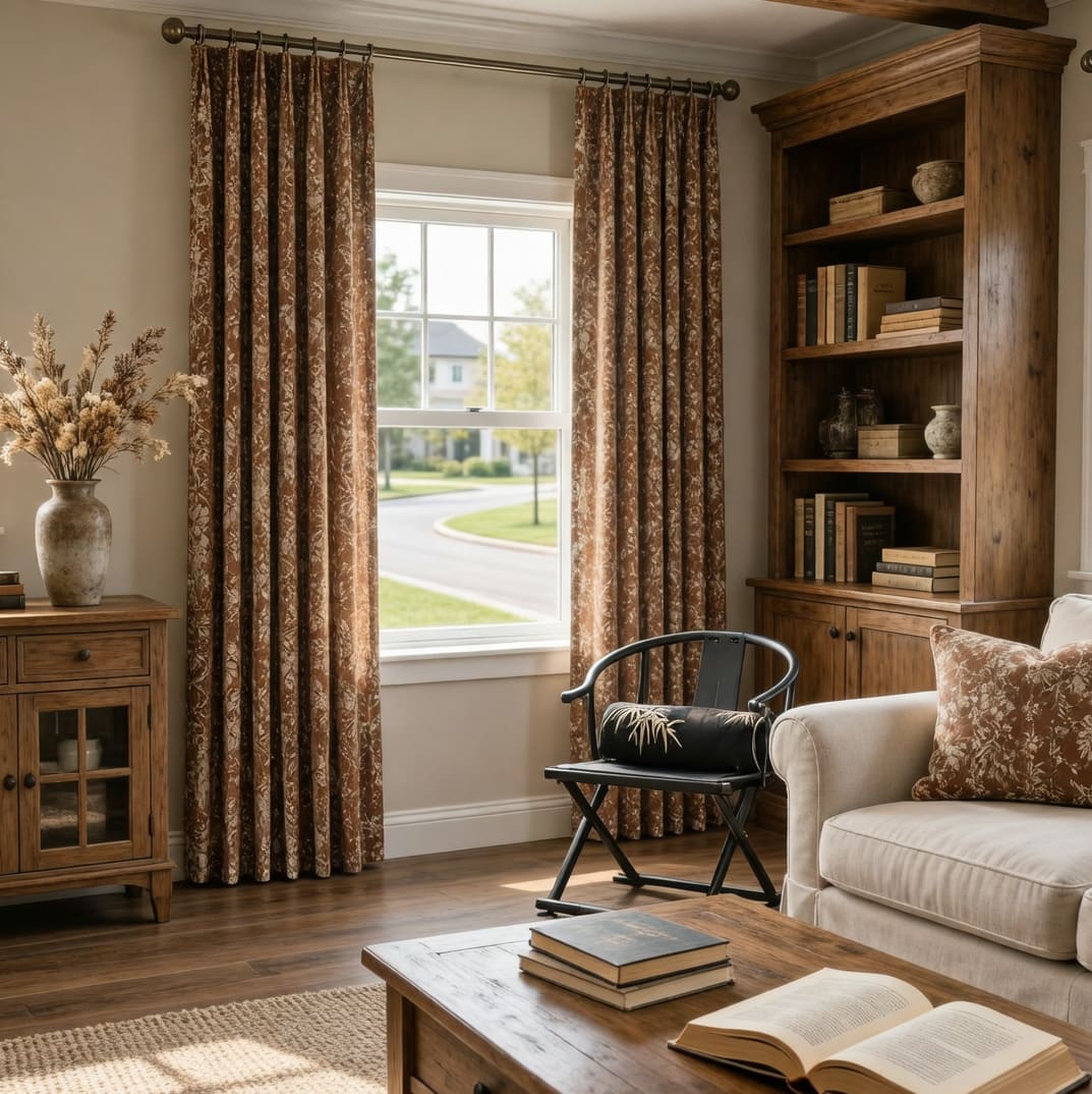 Warm Vintage Earthy Brown Floral Botanical Retro Chenille Curtains