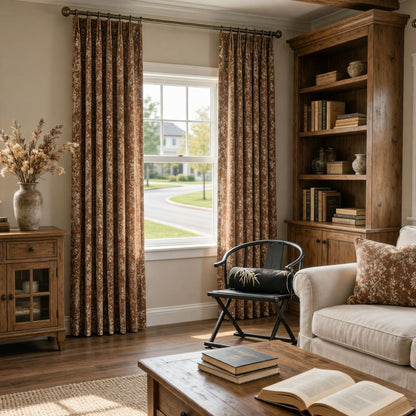 Warm Vintage Earthy Brown Floral Botanical Retro Chenille Curtains