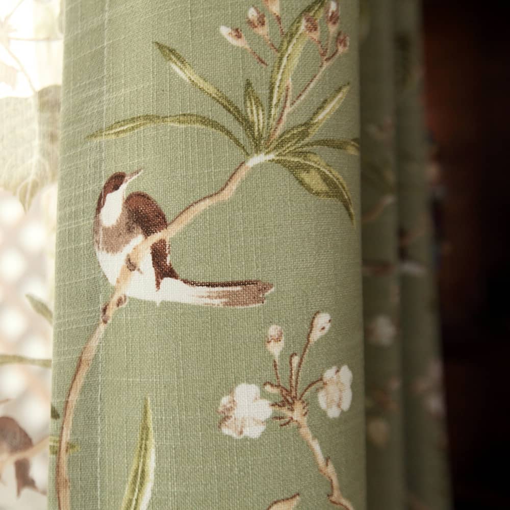 Classic Retro Kale Green Ballon Shade Curtains Birds Peach Country Drapes