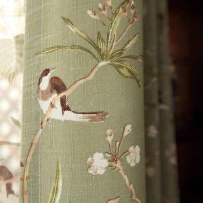 Classic Retro Kale Green Ballon Shade Curtains Birds Peach Country Drapes