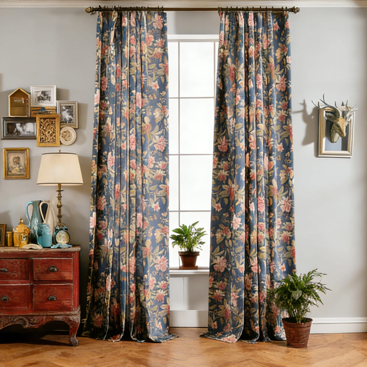 Elegant Navy Blue Rustic Retro Vintage Floral Cozy Living Room Curtains