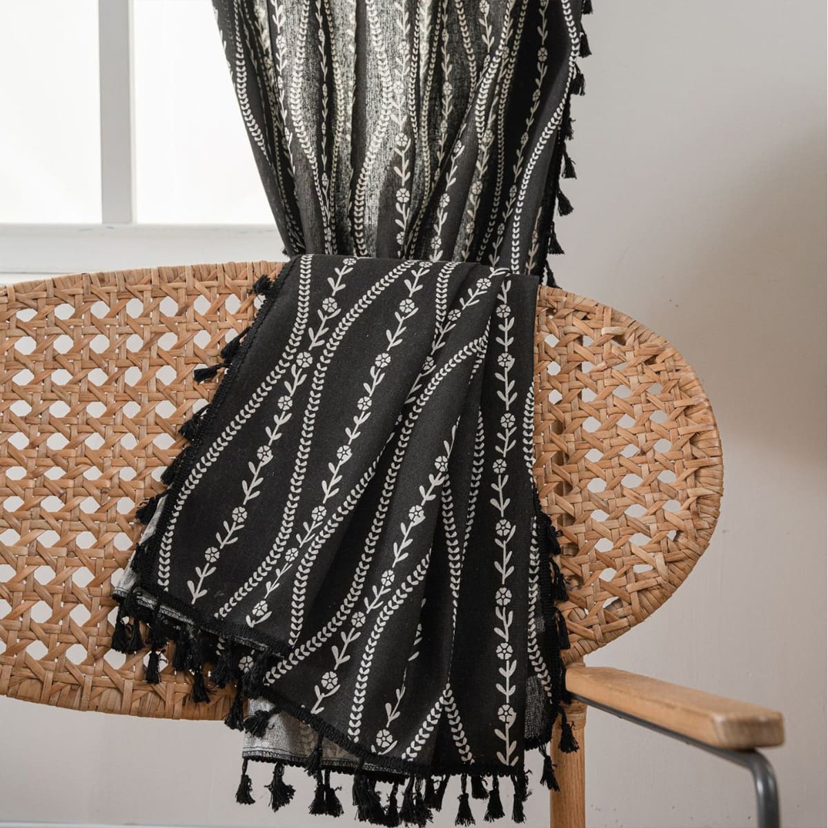 Rideaux de cuisine en lin et coton ondulé de Style bohème, avec pompons noirs