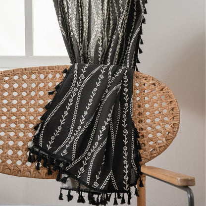 Rideaux de cuisine en lin et coton ondulé de Style bohème, avec pompons noirs