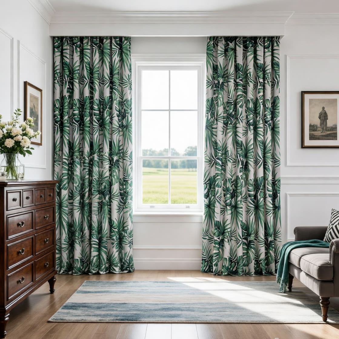Jungle Whisper Deep Green Palm Leaf Blackout Curtains