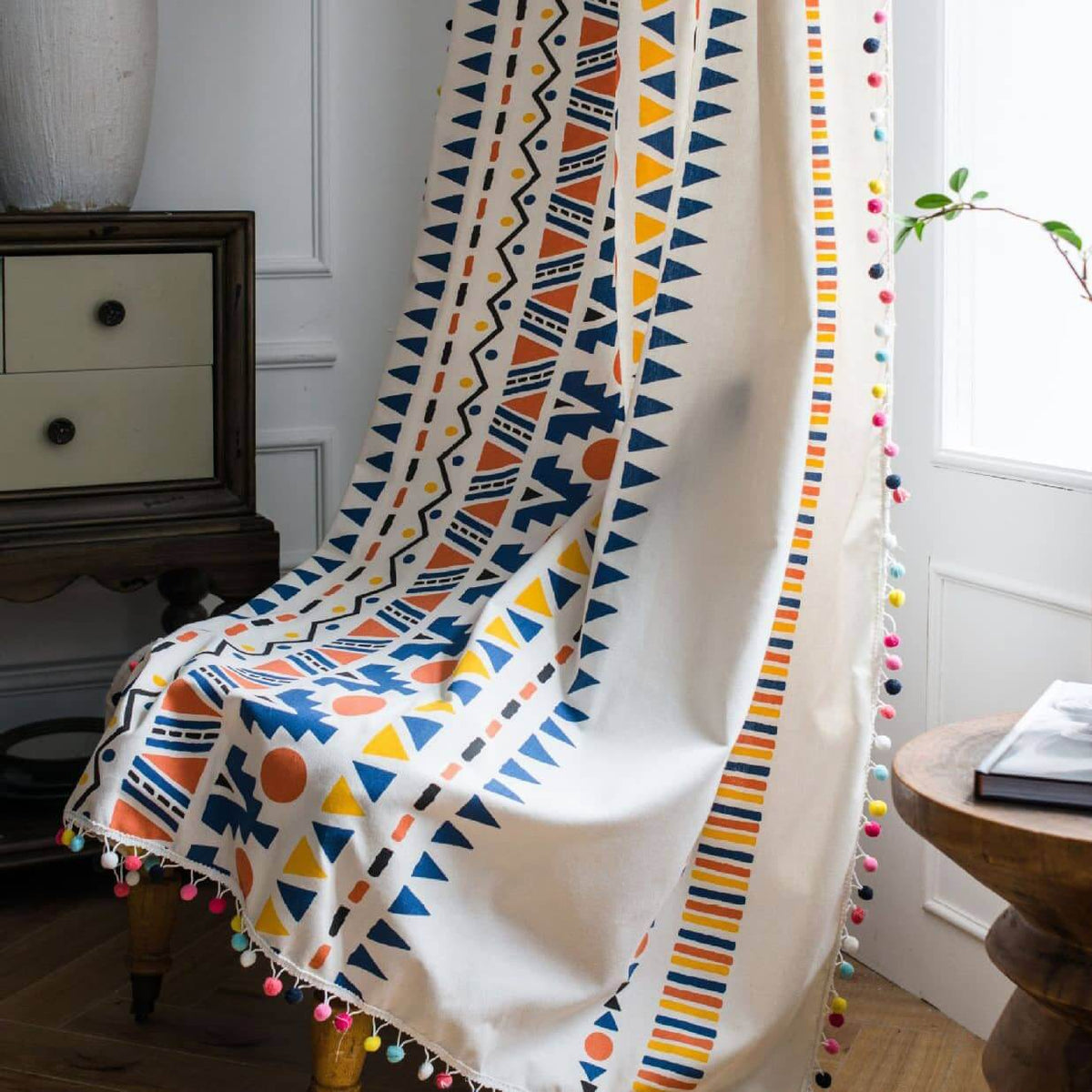 Elegant boho pom pom trim curtains for living room cotton linen drapes