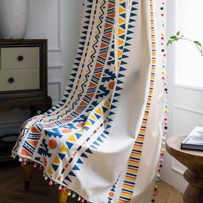 Elegant boho pom pom trim curtains for living room cotton linen drapes