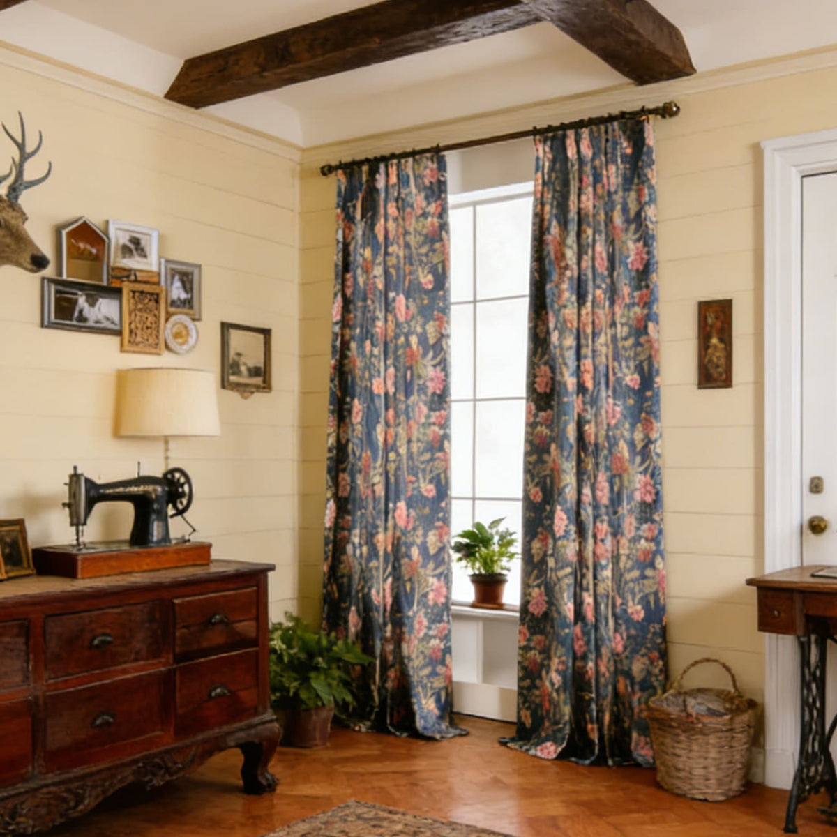 Elegant Navy Blue Rustic Retro Vintage Floral Cozy Living Room Curtains