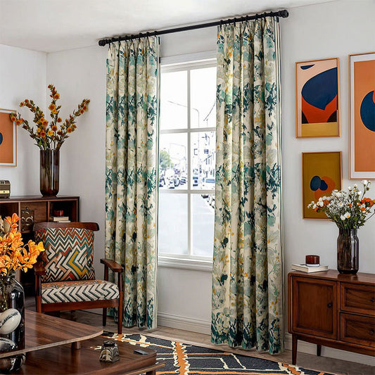 Vibrant Teal & Mint Watercolor Botanical Vine Curtains