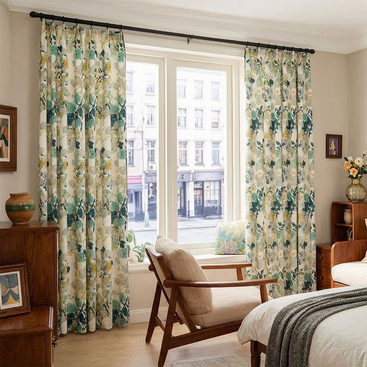 Vibrant Teal & Mint Watercolor Botanical Vine Curtains