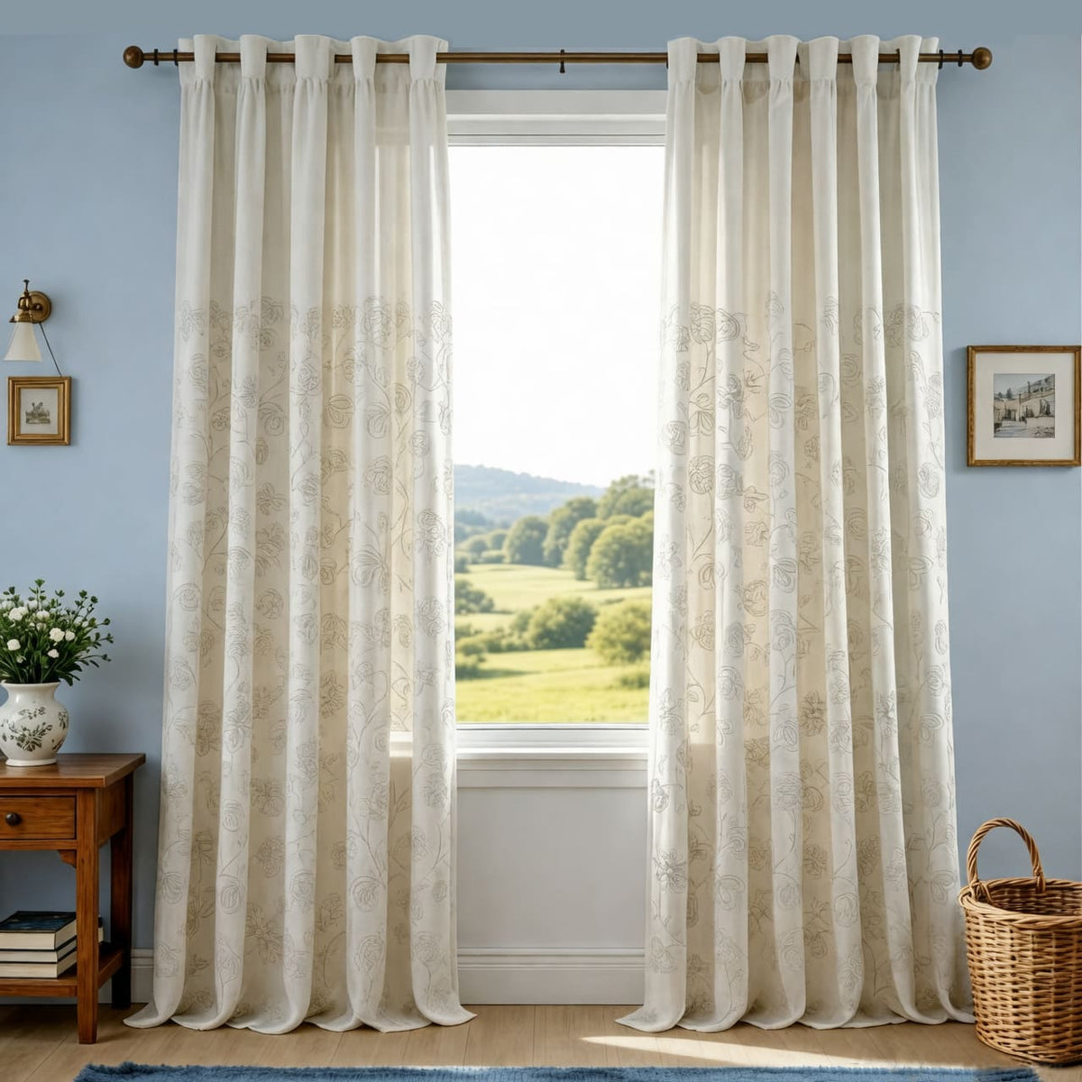 Natural Linen Rope Embroidery Flower Unique Curtains Pinch Pleat Drapes