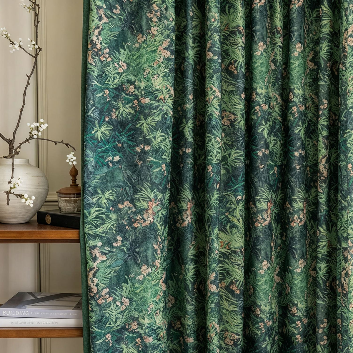 Monet’s Meadow Spring Vale Pink Wildflower Emerald Oil Print Curtains