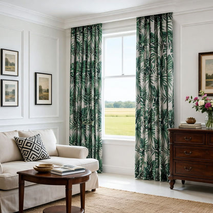 Jungle Whisper Deep Green Palm Leaf Blackout Curtains