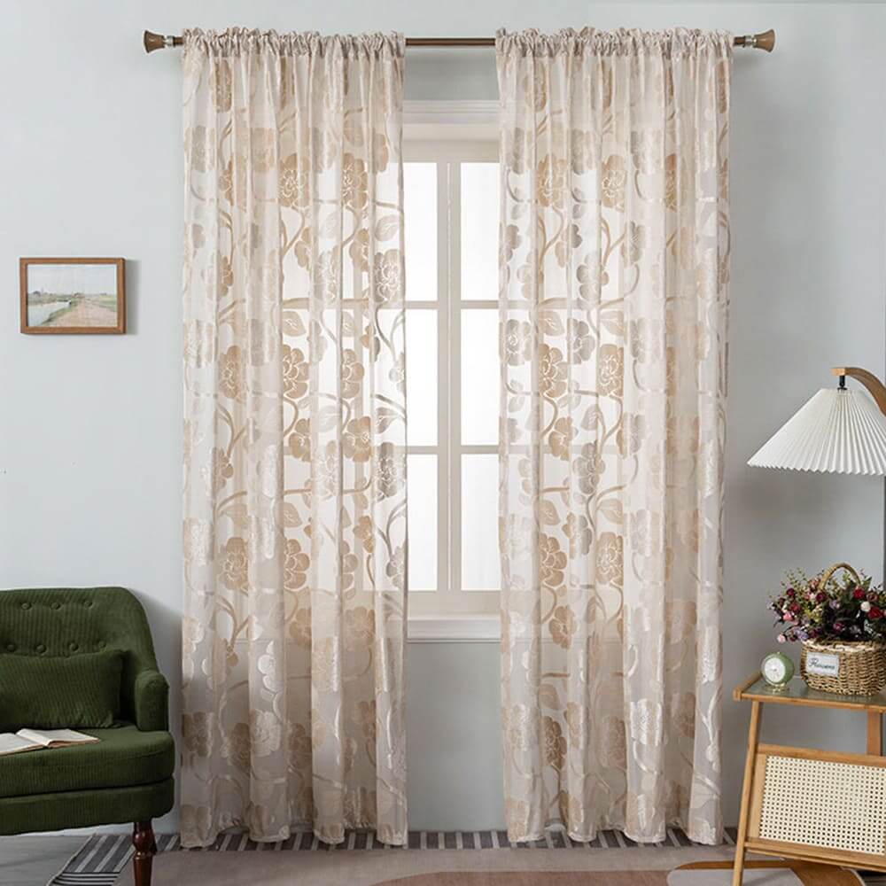 Gold beige velvet sheer curtain panels rod pocket sheer bedroom curtains