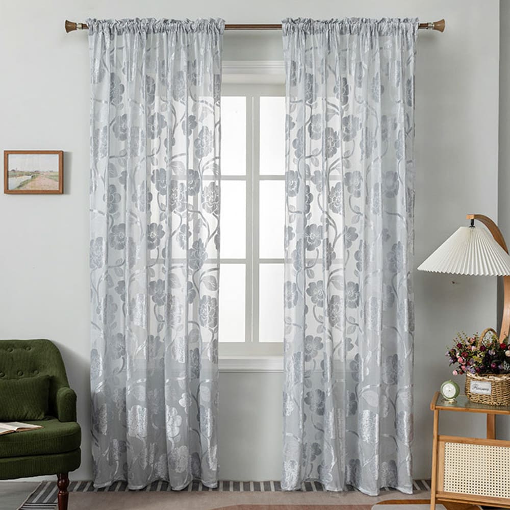 Gray Ciselé Velvet Jacquard Floral Sheer Curtains