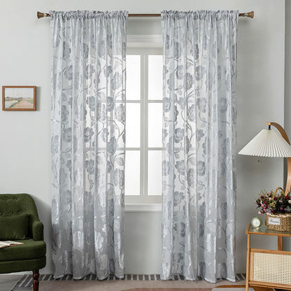 Gray Ciselé Velvet Jacquard Floral Sheer Curtains