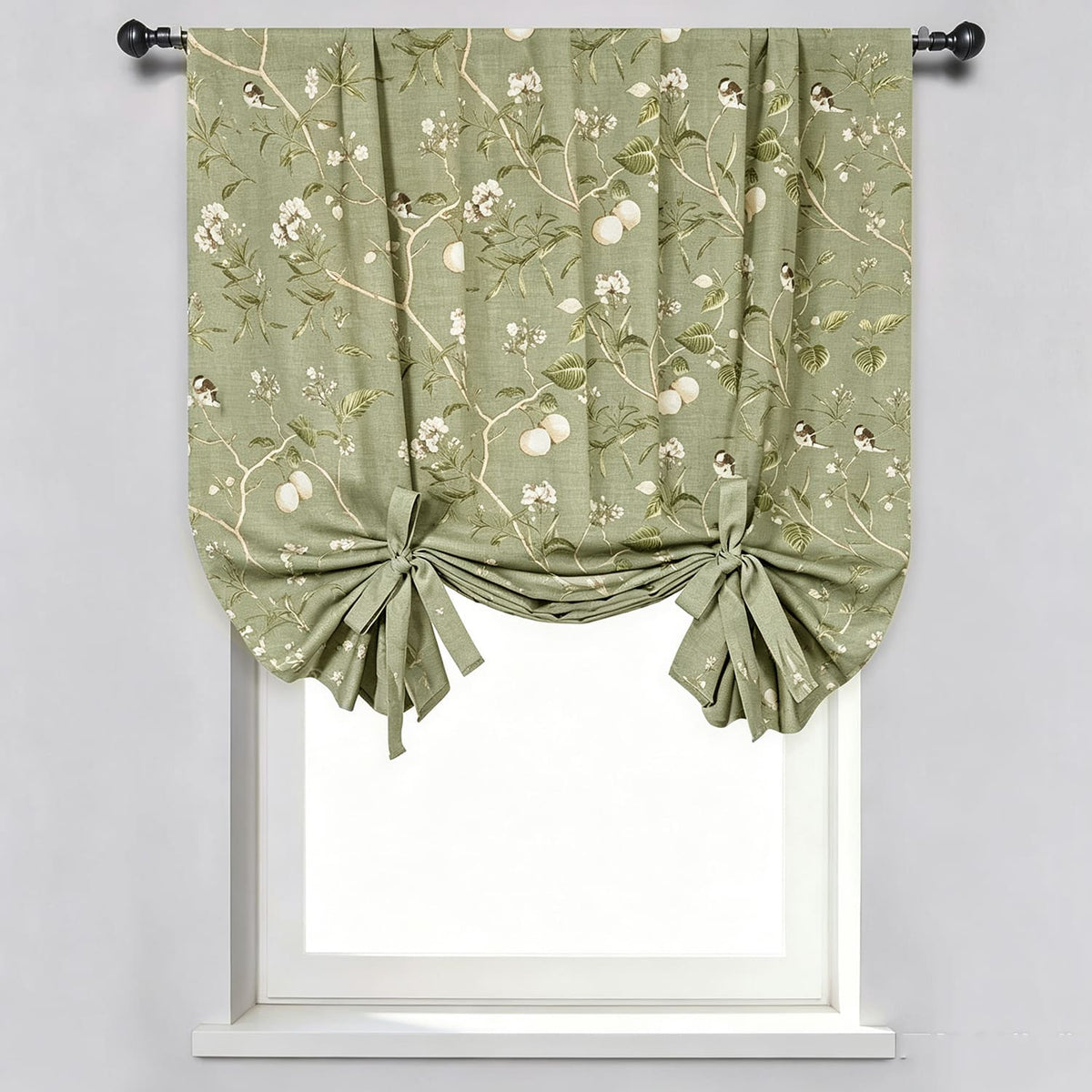 Classic Retro Kale Green Ballon Shade Curtains Birds Peach Country Drapes