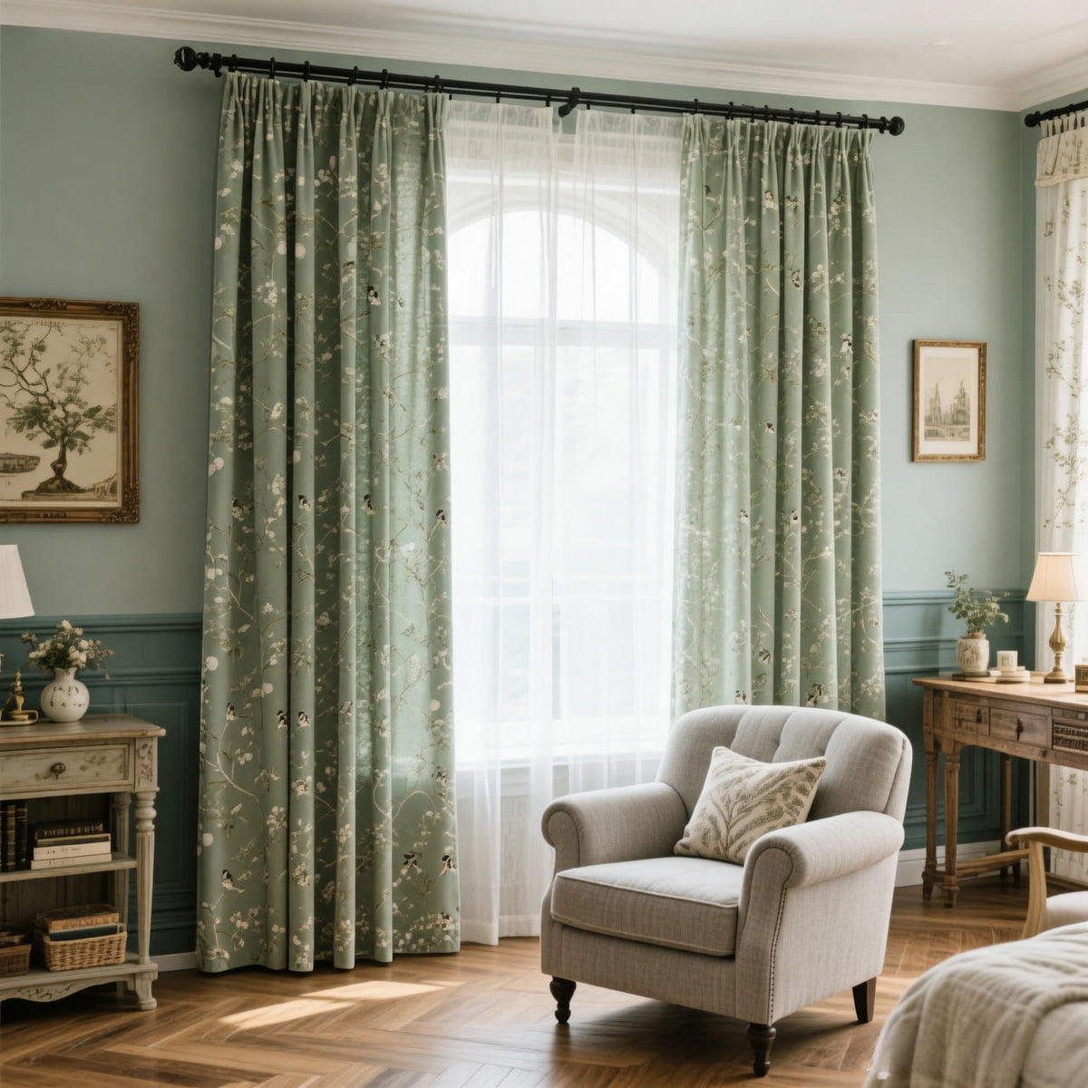 Classic Retro Kale Green Curtains Birds Peach Country Pinch Pleat Drapes