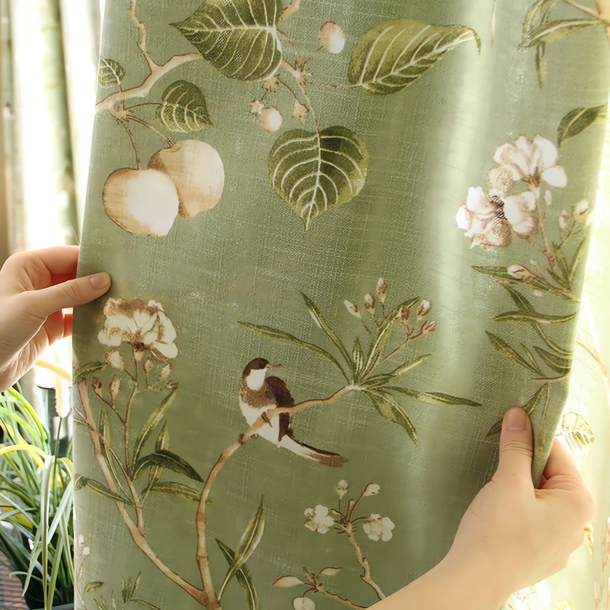 Classic Retro Kale Green Curtains Birds Peach Country Pinch Pleat Drapes