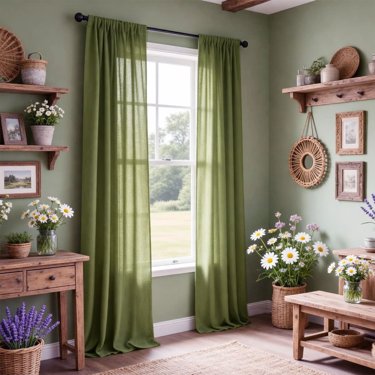 Green Linen Curtains and Drapes for Living Room Set of 2 Panels