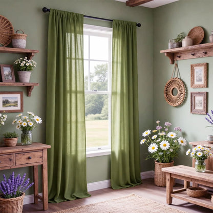 Green Linen Curtains and Drapes for Living Room Set of 2 Panels
