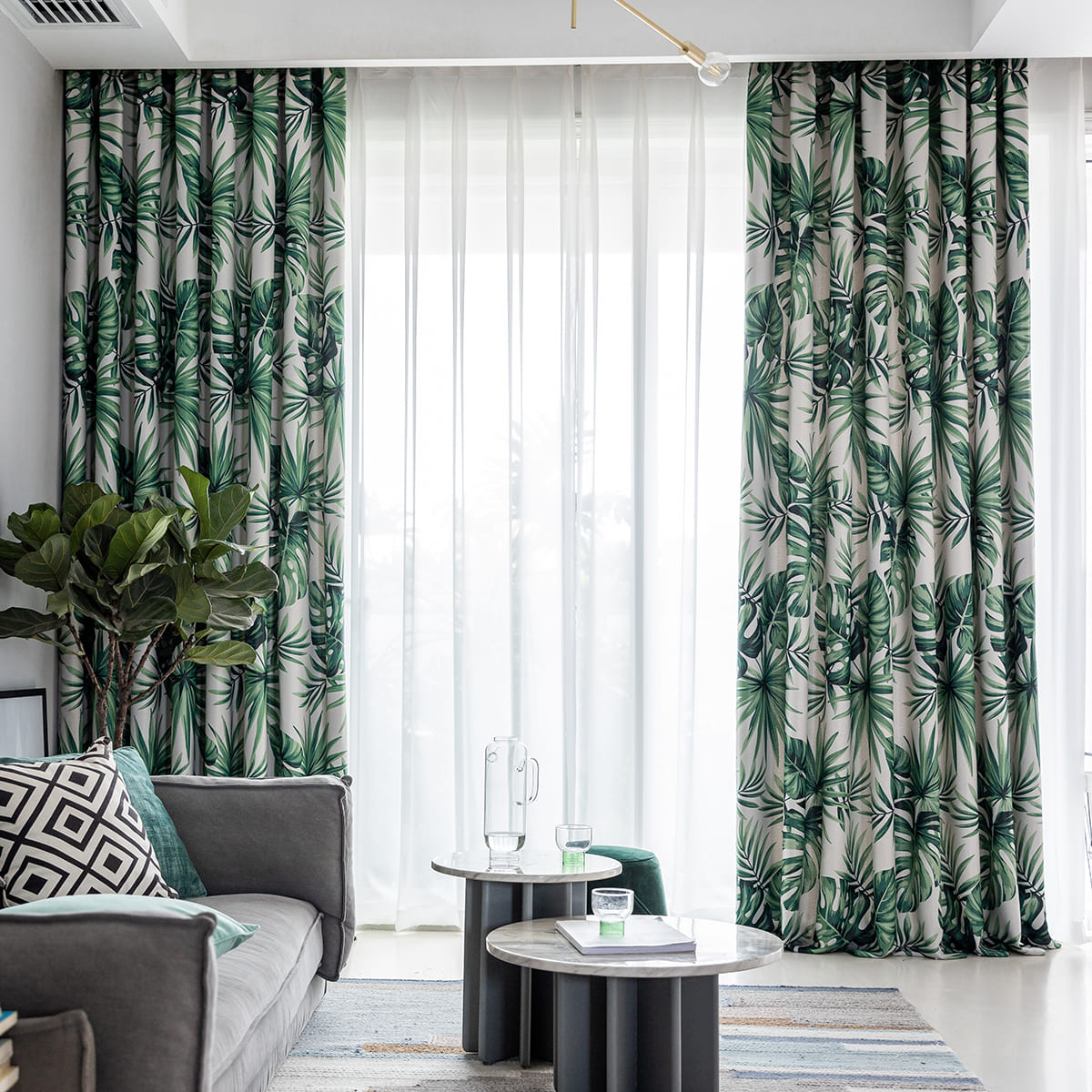 Jungle Whisper Deep Green Palm Leaf Blackout Curtains