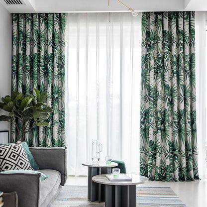 Jungle Whisper Deep Green Palm Leaf Blackout Curtains