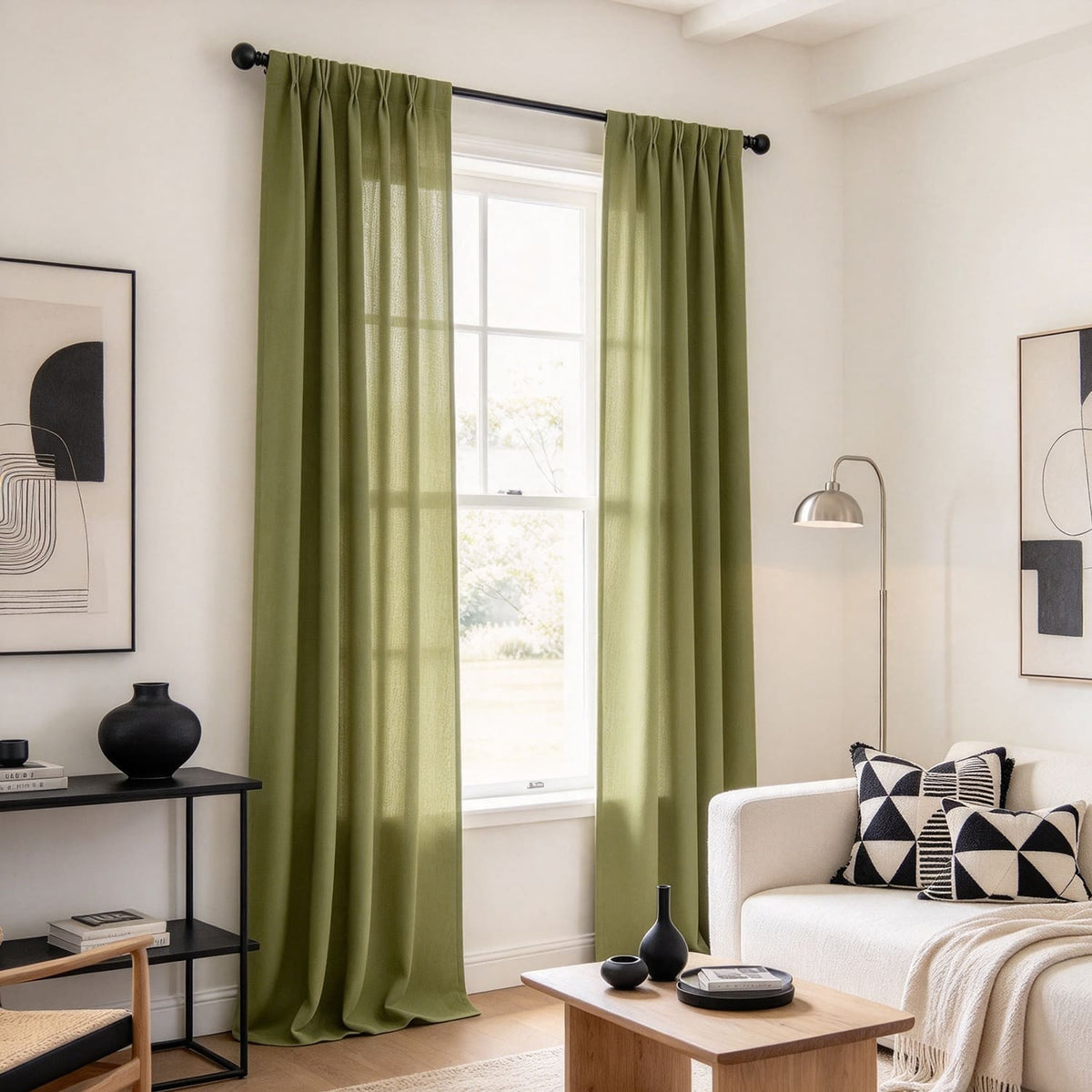 Green Linen Curtains and Drapes for Living Room Set of 2 Panels